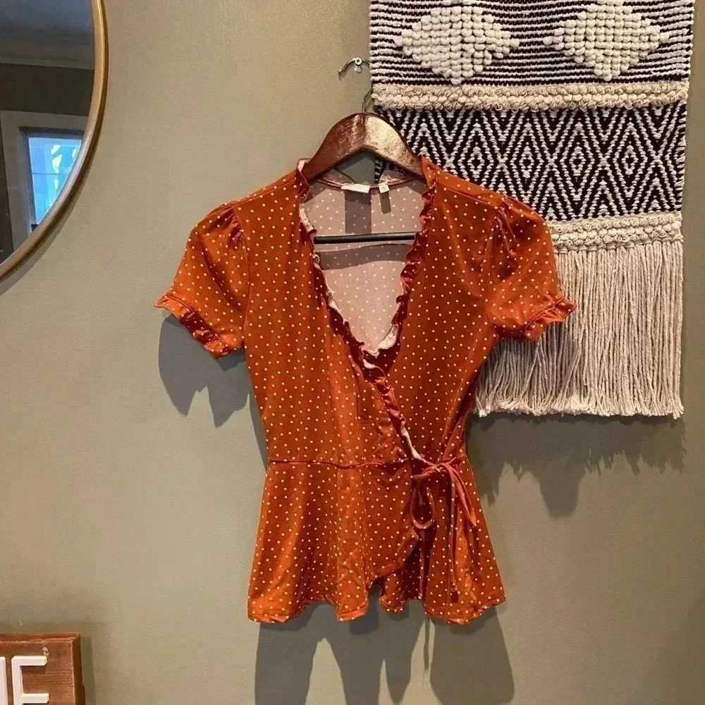 GOOD LUCK GEM BURNT ORANGE POLKA DOT BLOUSE XS